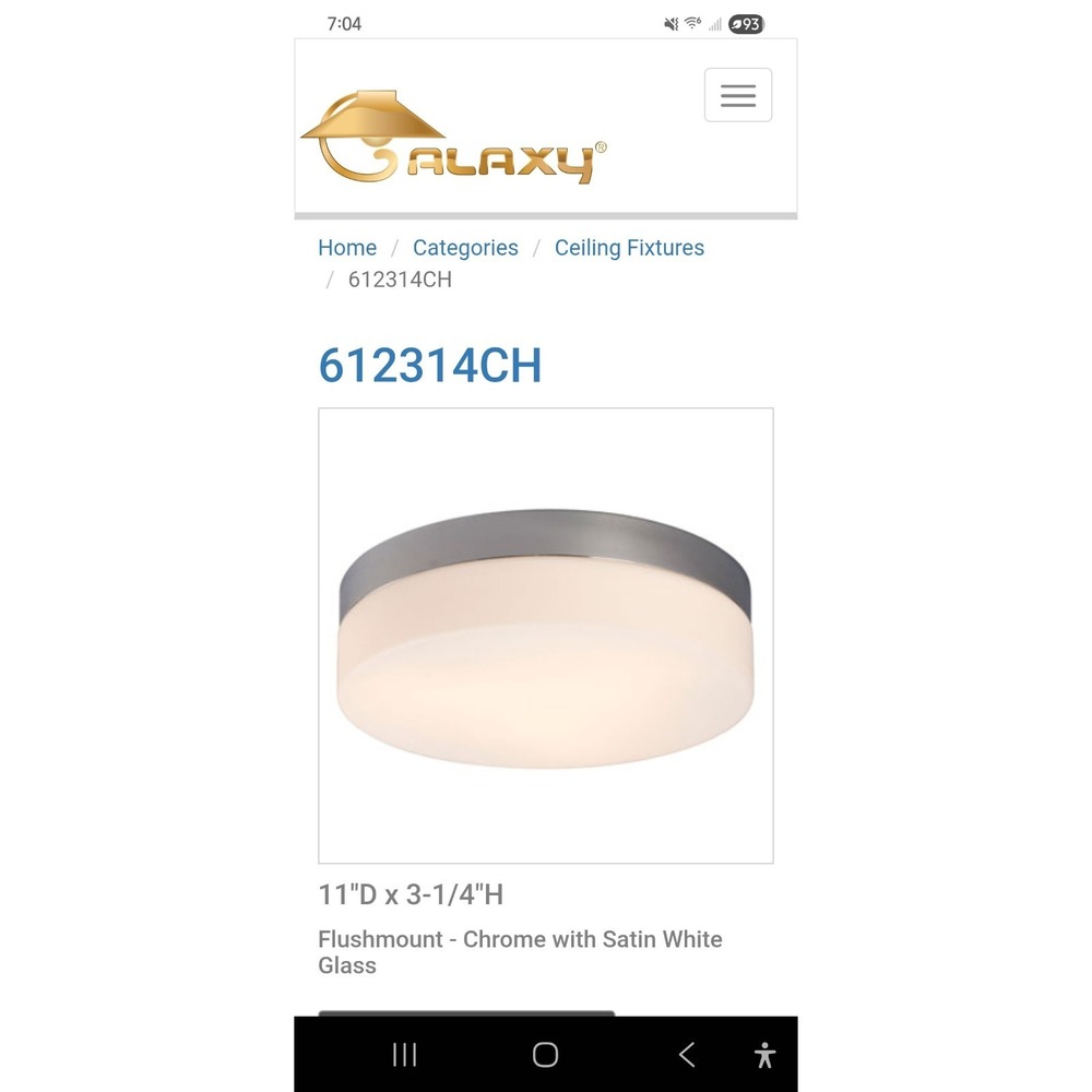 Galaxy Lighting 612314CH 120W Chrome Flush Mount Fixture New In Box